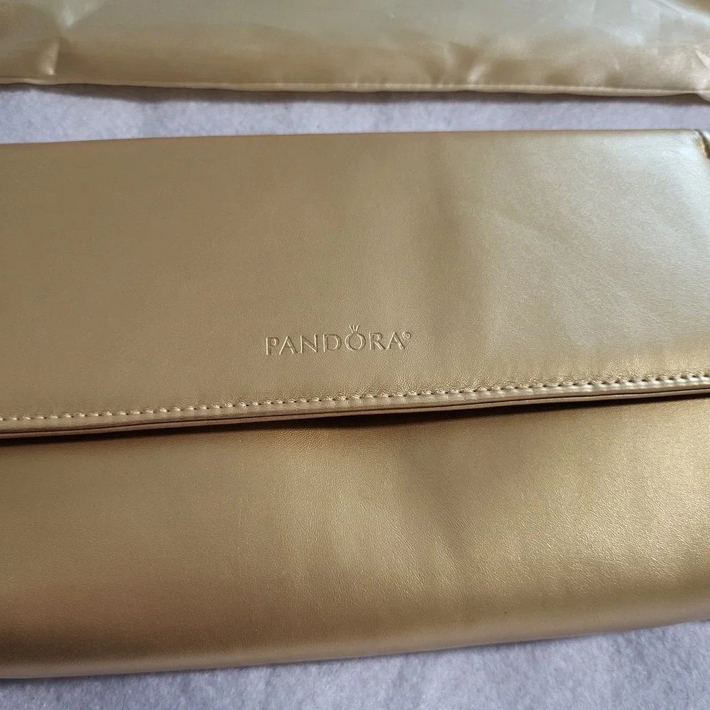 Pandora Metallic Gold Jewelry Clutch and Drawstring Dust Bag Set Travel Case